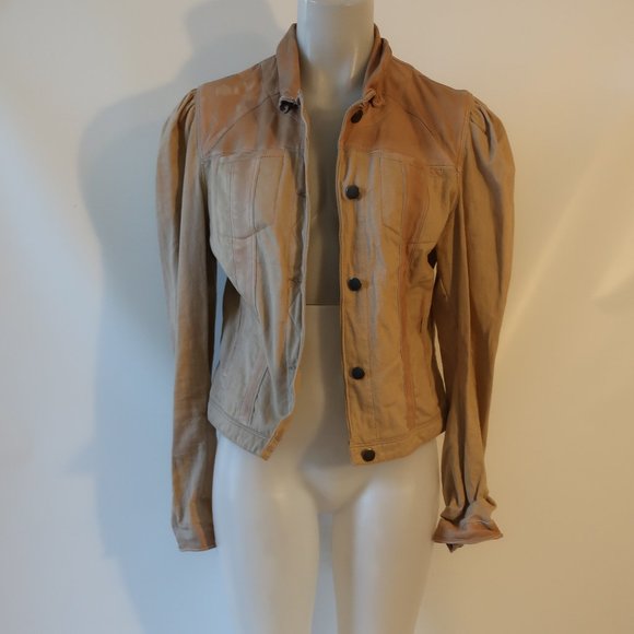 Womens JKT NYC Puff Shoulder Mixed Media Twill Tan Burnout Leather Jacket M * - Picture 1 of 13
